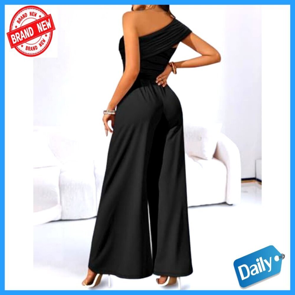 One Shoulder Jumpsuit Ruched Waist Wide Leg Elegant Party Wear Stretchy Fabric - Picture 5 of 7